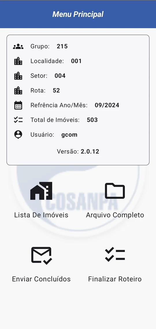 Menu principal do aplicativo, com os dados do roteiro carregado e as opções de lista de imóveis, arquivo completo, envio de concluídos e finalizar roteiro.